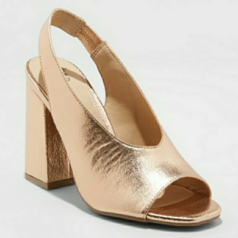 Metallic Gold Open Toe Slingback Chunky Heels - Picture 2 of 2